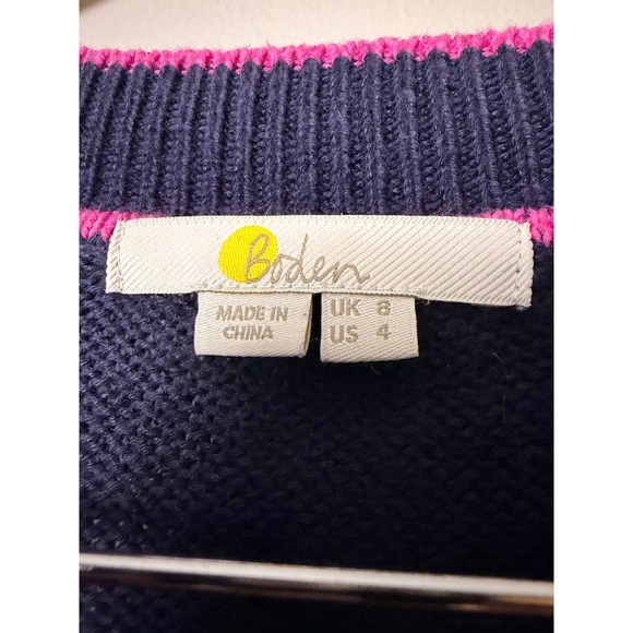 Boden Navy Blue V Neck Sweater Pink Trim Yellow Cuffs Women US 4 - Picture 3 of 7